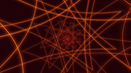 Loopable abstract digital neon geometric tunnel background. Futuristic sparkling pattern that change lines direction red yellow orange colors. Technology and cyber concept with copy space