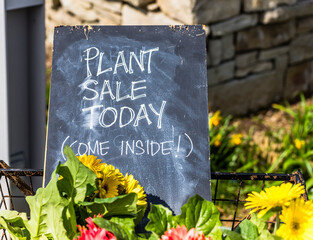 A plant sale today sign written on a chalk board outside a garden center.
