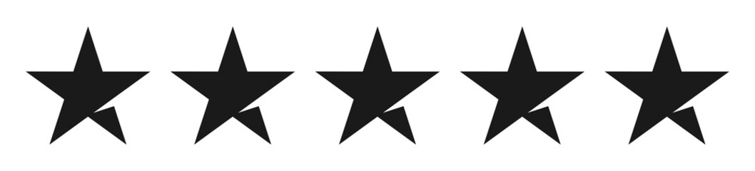 Black star review icons vector set. Isolated five stars trust score buttons on white background. Rating website, application, seller. Flat vector illustration.