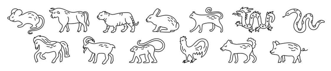 Chinese horoscope. rat, ox, cat, rabbit, hare, tiger, dragon, snake, horse, goat, monkey, rooster, dog and boar. Animal symbols  2022, 2023 vector set. Black line doodle sketch. Editable path
