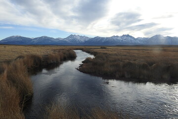 The scenic Owens River running through the Owens Valley, Eastern Sierra Nevada Mountains, Mono County California.