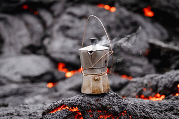 Moka pot brewing on Lava in iceland