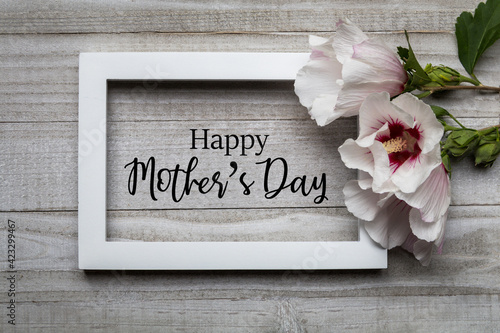 Happy Mother's Day text with hibiscus flowers on gray wooden rustic background.  Greeting card concept spring flowers flat lay.