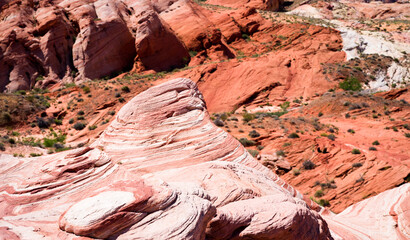 The wave in valley of Fire State Park in Nevada during summer with black, ocher, red rocks under blue sky