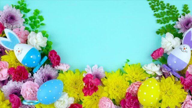 Happy Easter floral display flatlay with Happy Easter animated text greeting.
