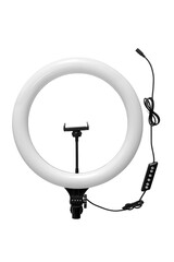 Closeup of circular neon LED lamp isolated white background. Popular modern light for make-up and beauty portraits.