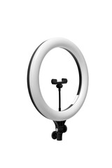 Closeup of circular neon LED lamp isolated white background. Popular modern light for make-up and beauty portraits.