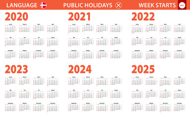 2020-2025 year calendar in Danish language, week starts from Sunday.