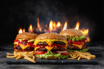 Homemade burger with french fries and fire flames