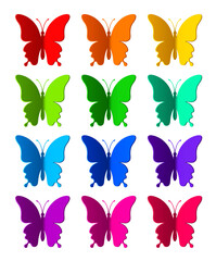 Twelve colored paper butterflies isolated on white background. Silhouette of a butterfly is perfect for stickers, icons, greeting cards and gift certificates