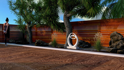 Zen garden, training outdoors, gymnastics and movement, like staying in shape even at home. Girl doing gymnastics. Wooden planks, fence. Parquet. 3d render