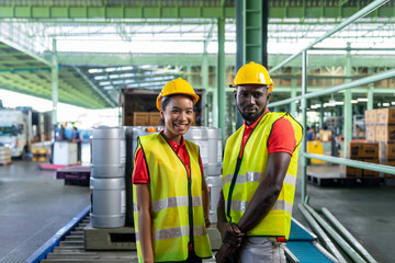 Fototapeta na wymiar Portrait of Smiling African American worker looking camera in the Industry warehouse. Black female and male laborer in safety vest, hard hat working in a factory. Concept of Industrial manufacturing