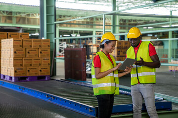 African American dispatchers use tablets to checking delivery order for dispatch in industrial...