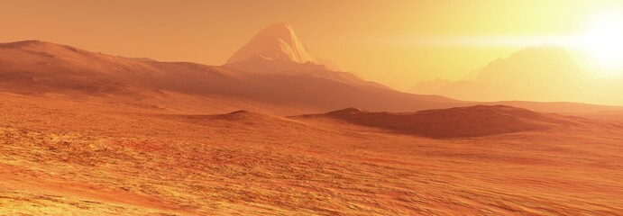 Naklejka na ściany i meble Landscape on Mars with mountains during sunset