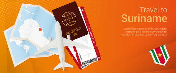 Travel to Suriname pop-under banner. Trip banner with passport, tickets, airplane, boarding pass, map and flag of Suriname.
