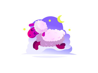Sleepy purple sheep riding under the moon