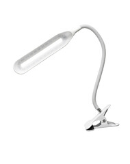 LED lamp on a flexible leg with a clothespin for attaching to a table. Table lamp isolate on a white back