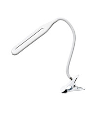 LED lamp on a flexible leg with a clothespin for attaching to a table. Table lamp isolate on a white back