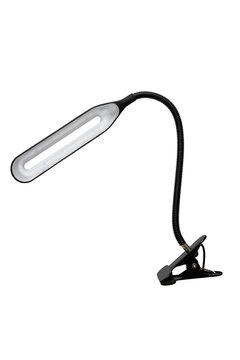 LED lamp on a flexible leg with a clothespin for attaching to a table. Table lamp isolate on a white back