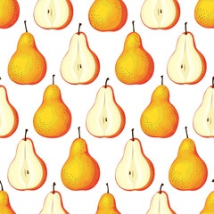 Orange pears seamless pattern. Ripe and half pear. Color background.