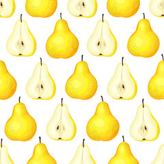 Yellow pears seamless pattern. Ripe and half pear. Color background.