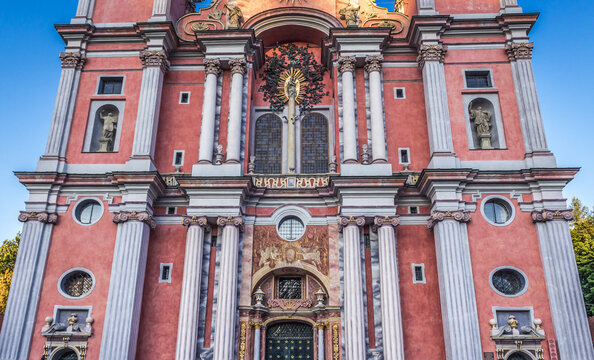 Front view of Most Holy Virgin Mary, Queen of Poland, Holy Linden sanctuary in Swieta Lipka village, Poland