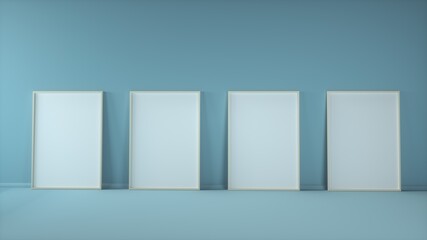 Four blank vertical poster frames mock up standing on blue background. 3d illustration