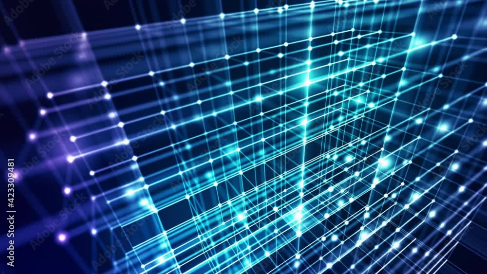Poster abstract blue background. data building dots and line connections.