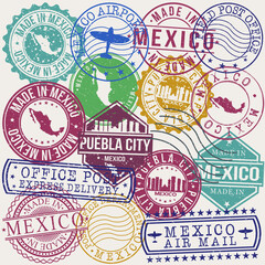 Fototapeta premium Puebla City Mexico Set of Stamps. Travel Stamp. Made In Product. Design Seals Old Style Insignia.