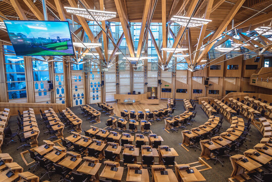 Edinburgh, Scotland - January 18, 2020: Interior of debating chamber in Scottish Parliament in Edinburgh
