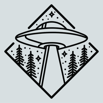 UFO spaceship Abduction cartoon Black and white - Vector art illustration