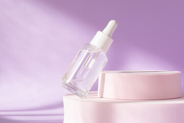 Hyaluronic acid, serum skincare glass bottle on lilac pink podium pedestal. Serum product cosmetic...