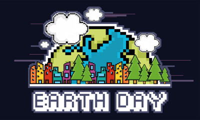 Earth day pixel art. Earth with a metropolis - Vector illustration