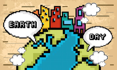 Earth day pixel art. Earth with a metropolis - Vector illustration