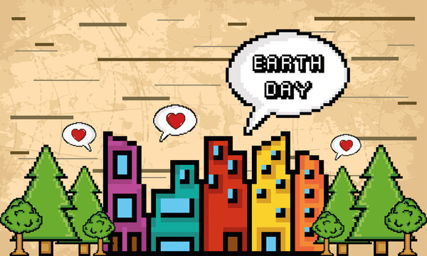 PIxeled metropolis celebrating earth day - Vector illustration