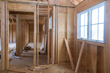 Construction home framing on residential beam framework wooden new house