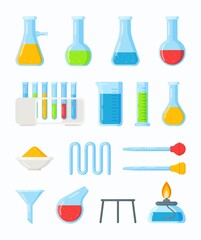 Many different test tubes and flasks. Vector illustration of a chemistry lesson online. Conducting an experiment. 