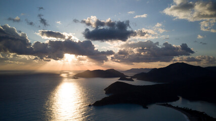 Amazing beautiful panoramic view from drone of natural park of Oludeniz and Fethiye blue lagoon and tranquil aquamarine dead sea.
