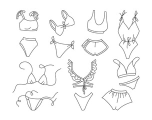 Lingerie and swimsuit summer doodle outline set. Hawaiian woman beach swimwear black line swimsuits. Fashion flat monokini, bikini tops, bottom panties. Hand drawn Isolated trendy vector illustration