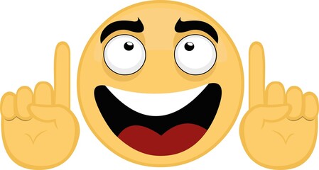 Vector illustration of emoticon with a happy expression looking and pointing up
