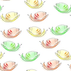 Hand drawn seamless pattern of fun colored snails on a white background