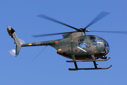 Chiba, Japan - January 10, 2010:Japan Ground Self-Defense Force Hughes / Kawasaki OH-6D Cayuse light observation helicopter.