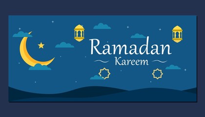 Ramadan Kareem greeting banner design in blue color. Moon, lantern and stars illustration design