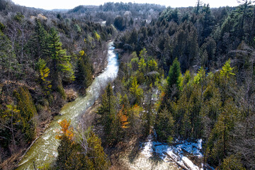 Aerial view of the landscape of the river valley in early spring