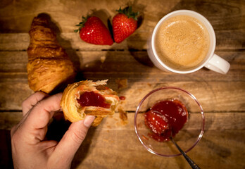 Breakfast table with coffee croissants and jam - studio photography