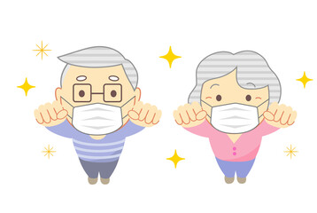 Elderly people raise a clenched fist with mask  High angle
 - obrazy, fototapety, plakaty