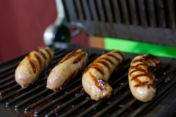 four pork sausages white grilled delicious and quick snack for beer