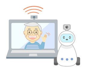 Elderly people living alone and watching robots

