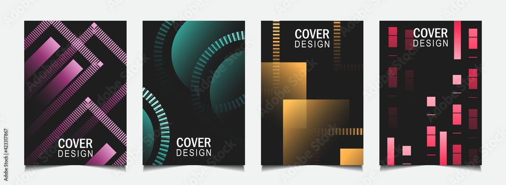 Poster set of trendy gradient cover design abstract universal background template with colorful line on bla