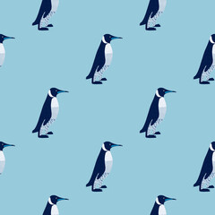 Cartoon minimalistic style seamless pattern with simple penguins ornament. Blue pastel background.